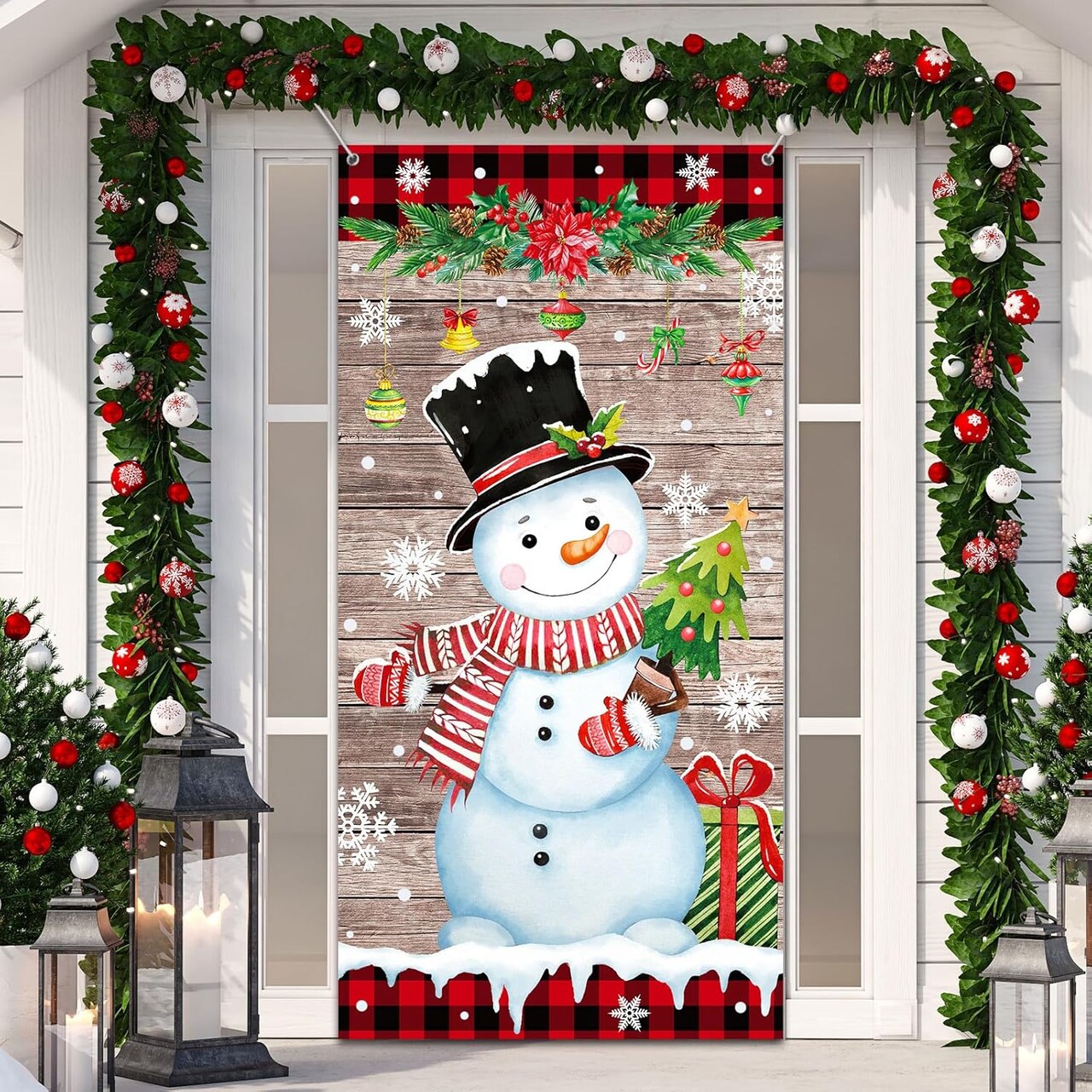 Snowman Wood Grain Christmas Door Cover, 6 x 3 Feet, Polyester